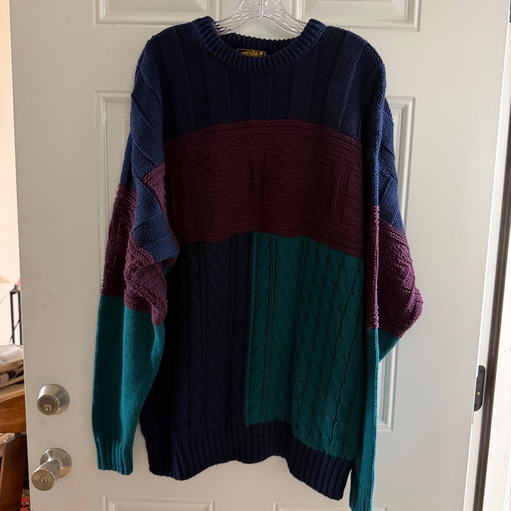 Eddie Bauer Vintage Made in USA Colorblock Cable Knit Sweater Mens XL Tall Navy - Picture 1 of 4